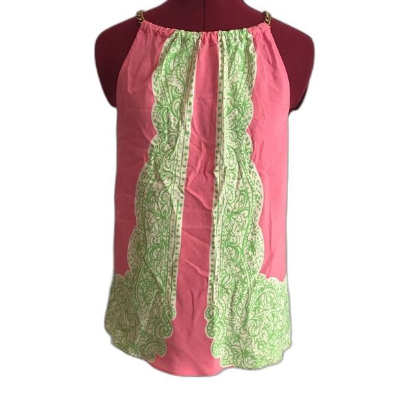 Lilly Pulitzer 100% Silk Riviera Gold Chain Halter Blouse Size Small Pink/Green - Picture 13 of 13